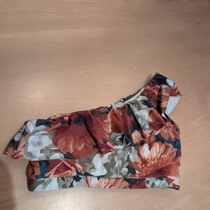 One-Shoulder Floral Ruffle Bikini Top - Rust Multi